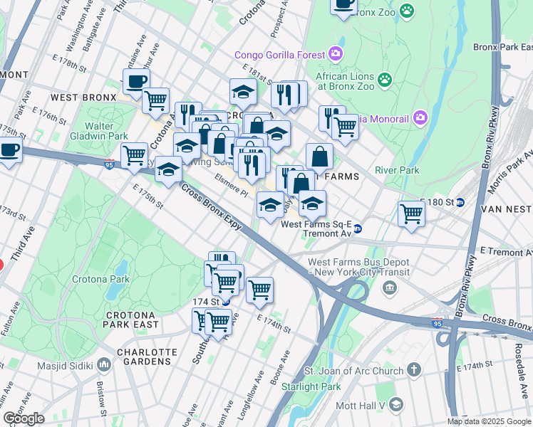 map of restaurants, bars, coffee shops, grocery stores, and more near in The Bronx