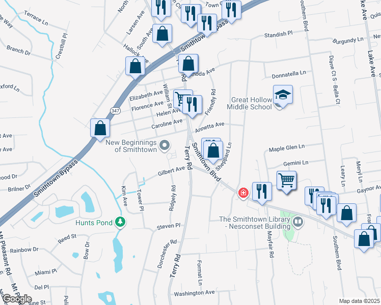 map of restaurants, bars, coffee shops, grocery stores, and more near 211 Terry Road in Smithtown