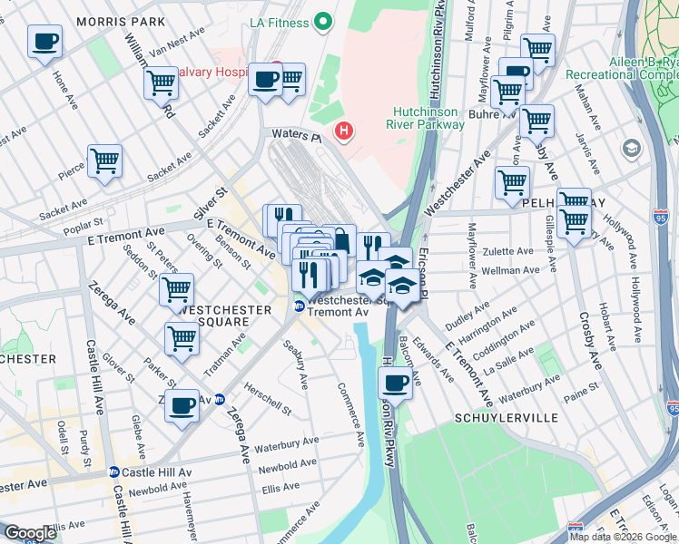map of restaurants, bars, coffee shops, grocery stores, and more near 283 Westchester Avenue in The Bronx