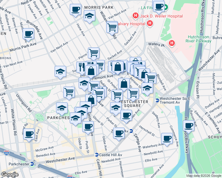 map of restaurants, bars, coffee shops, grocery stores, and more near 1704 Seddon Street in The Bronx