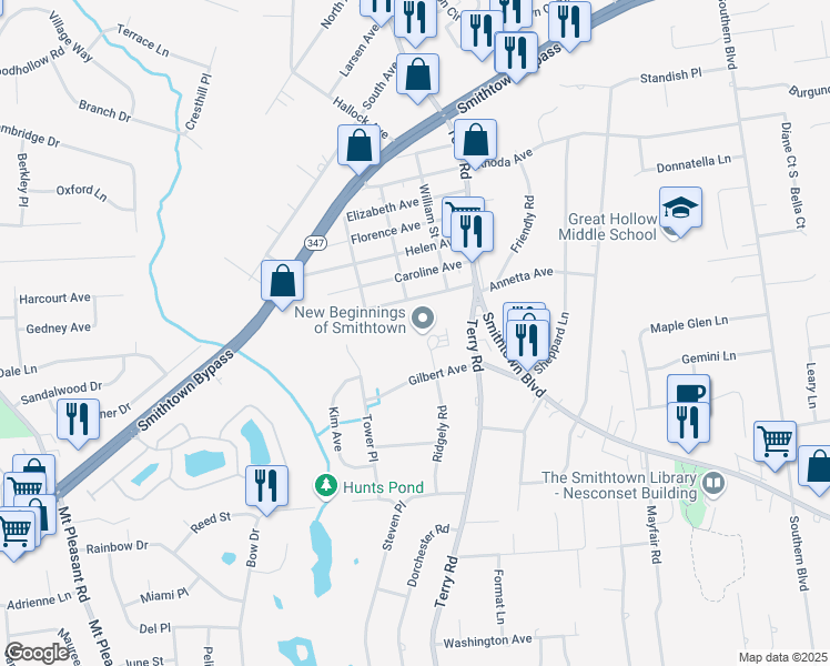 map of restaurants, bars, coffee shops, grocery stores, and more near 15 Ridgeley Road in Smithtown