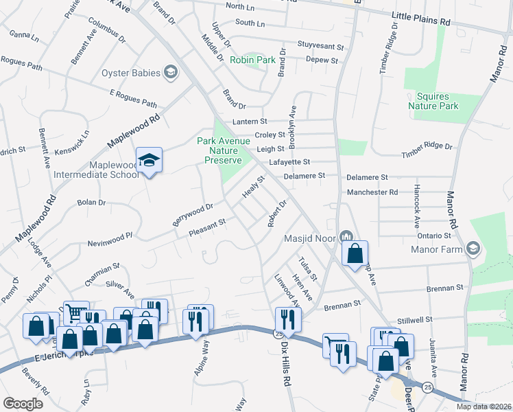 map of restaurants, bars, coffee shops, grocery stores, and more near 16 Corbin Court in Huntington