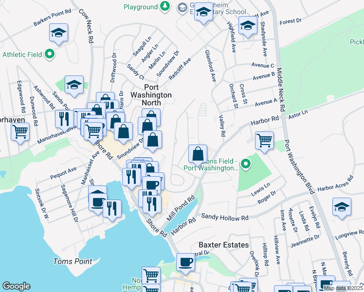 map of restaurants, bars, coffee shops, grocery stores, and more near 240 Pond View Drive in Port Washington
