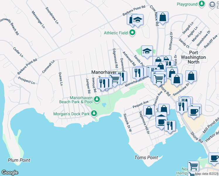 map of restaurants, bars, coffee shops, grocery stores, and more near 20 Graywood Road in Port Washington