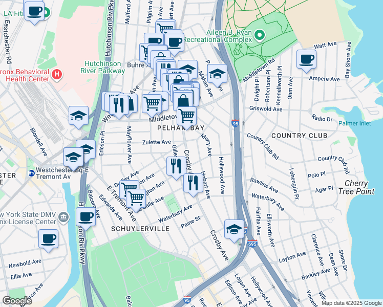 map of restaurants, bars, coffee shops, grocery stores, and more near 1450 Crosby Avenue in The Bronx