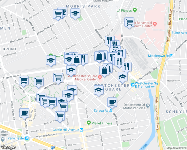 map of restaurants, bars, coffee shops, grocery stores, and more near 1717 Saint Peters Avenue in Bronx
