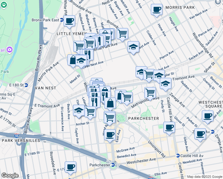 map of restaurants, bars, coffee shops, grocery stores, and more near 1950 East Tremont Avenue in The Bronx