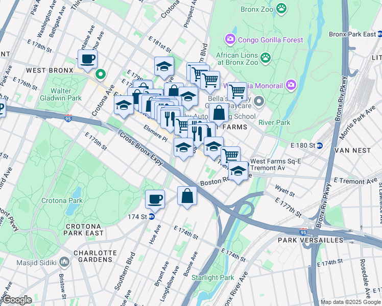 map of restaurants, bars, coffee shops, grocery stores, and more near 919 East Tremont Avenue in Bronx