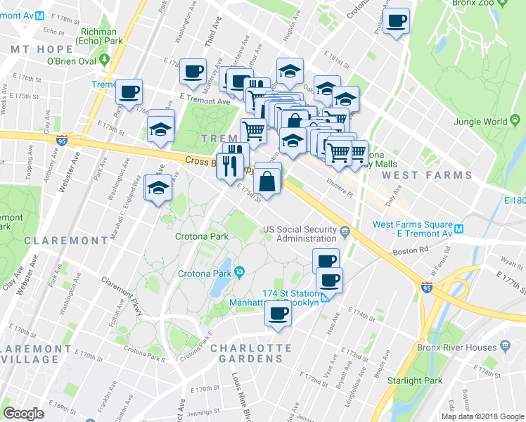 map of restaurants, bars, coffee shops, grocery stores, and more near 1815 Prospect Avenue in Bronx