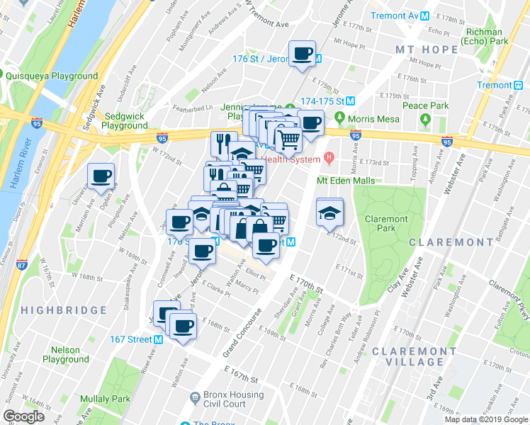 map of restaurants, bars, coffee shops, grocery stores, and more near in The Bronx