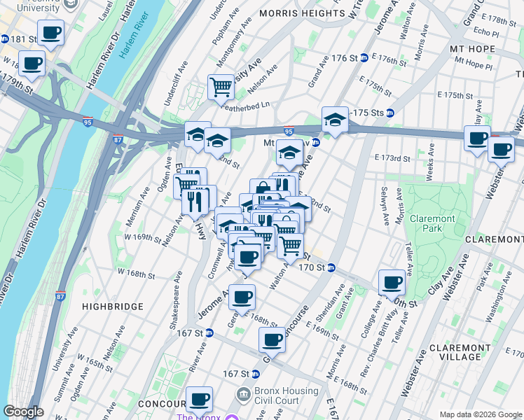 map of restaurants, bars, coffee shops, grocery stores, and more near 1448 Cromwell Avenue in Bronx