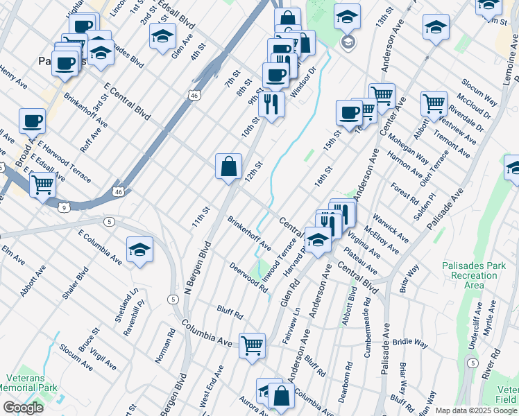 map of restaurants, bars, coffee shops, grocery stores, and more near 437 East Central Boulevard in Palisades Park