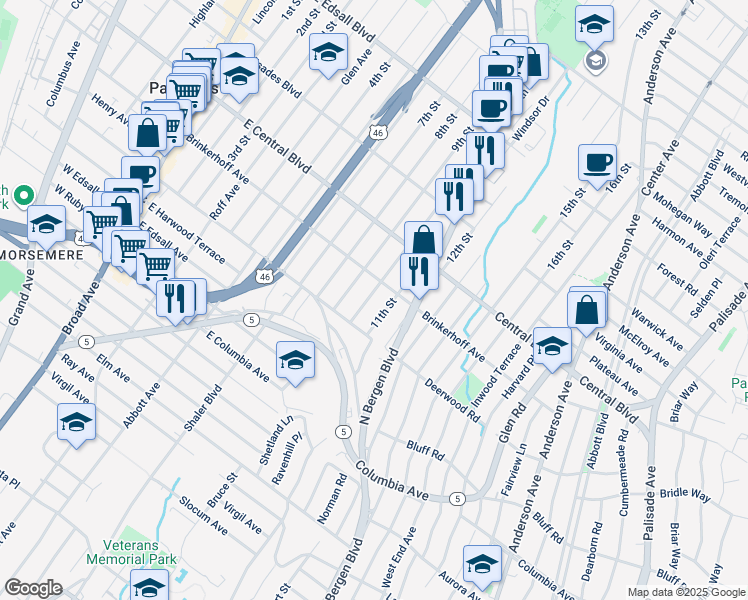 map of restaurants, bars, coffee shops, grocery stores, and more near 316A Brinkerhoff Avenue in Palisades Park