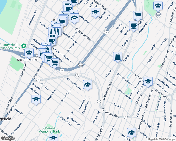 map of restaurants, bars, coffee shops, grocery stores, and more near 231 East Homestead Avenue in Palisades Park