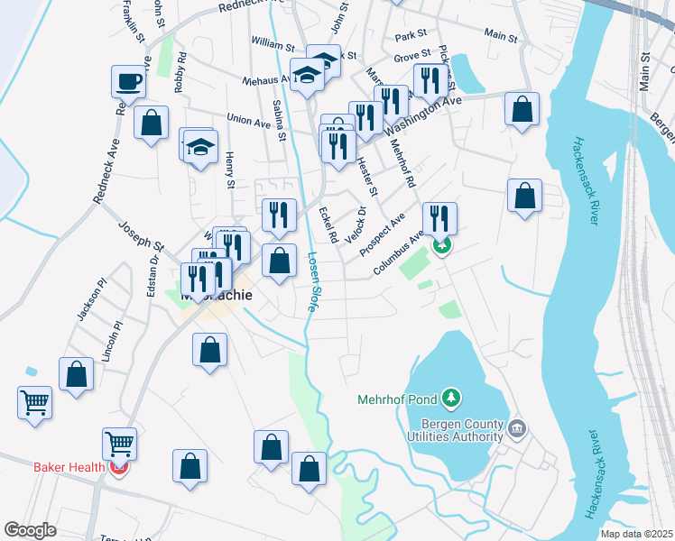 map of restaurants, bars, coffee shops, grocery stores, and more near 54 Eckel Road in Little Ferry