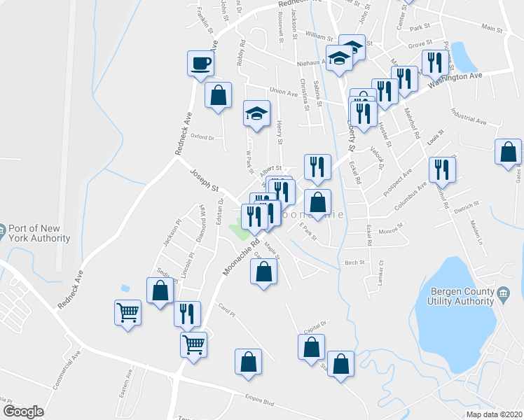 map of restaurants, bars, coffee shops, grocery stores, and more near 43 Frederick Street in Moonachie