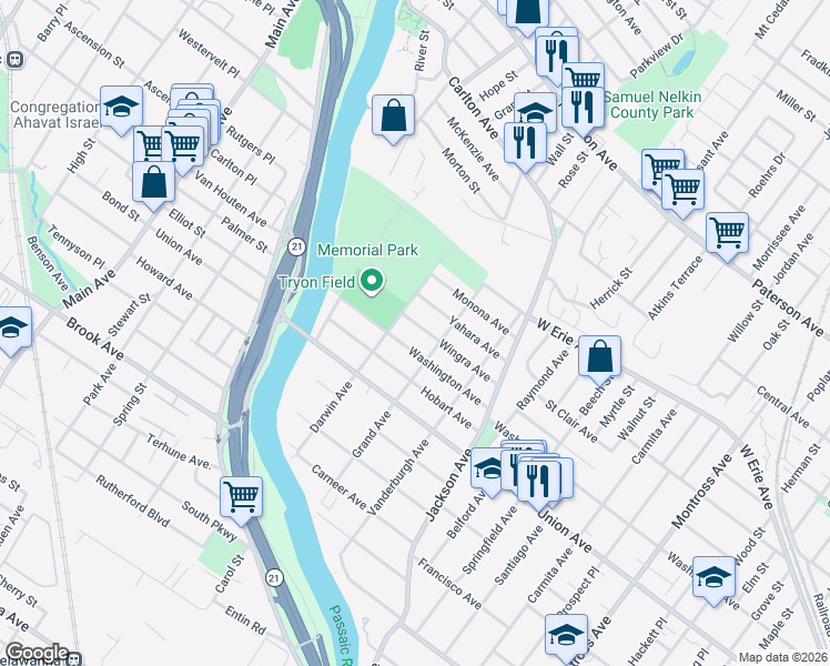 map of restaurants, bars, coffee shops, grocery stores, and more near 57 Yahara Avenue in Rutherford