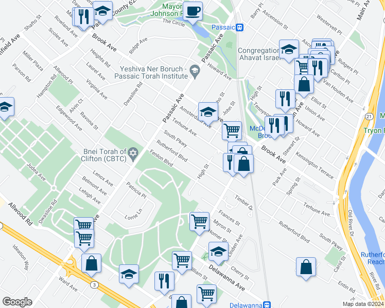 map of restaurants, bars, coffee shops, grocery stores, and more near 366 South Parkway in Clifton