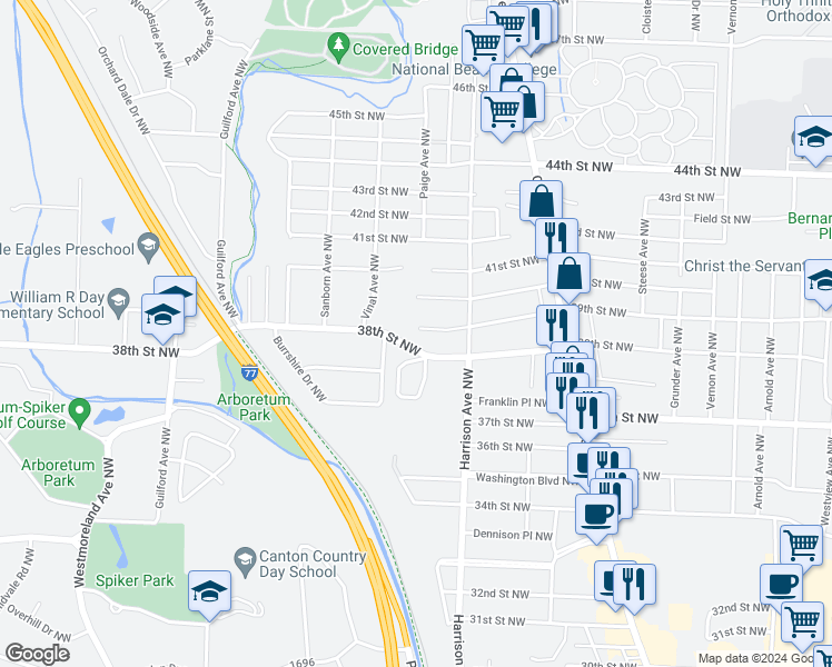 map of restaurants, bars, coffee shops, grocery stores, and more near 2236 40th Street Northwest in Canton