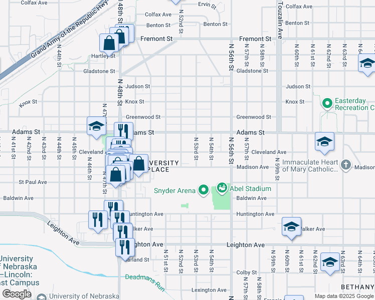 map of restaurants, bars, coffee shops, grocery stores, and more near 2936 North 52nd Street in Lincoln