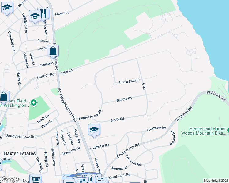 map of restaurants, bars, coffee shops, grocery stores, and more near 3 Bridle Path in Port Washington