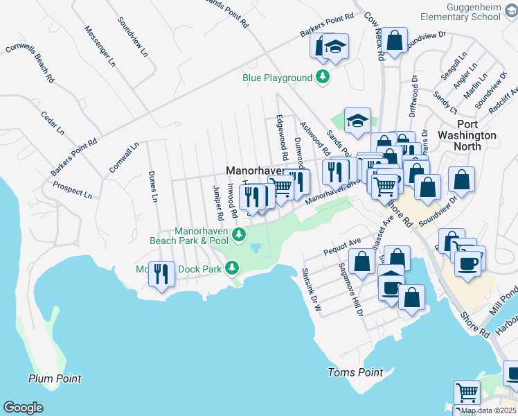 map of restaurants, bars, coffee shops, grocery stores, and more near 9 Graywood Road in Port Washington