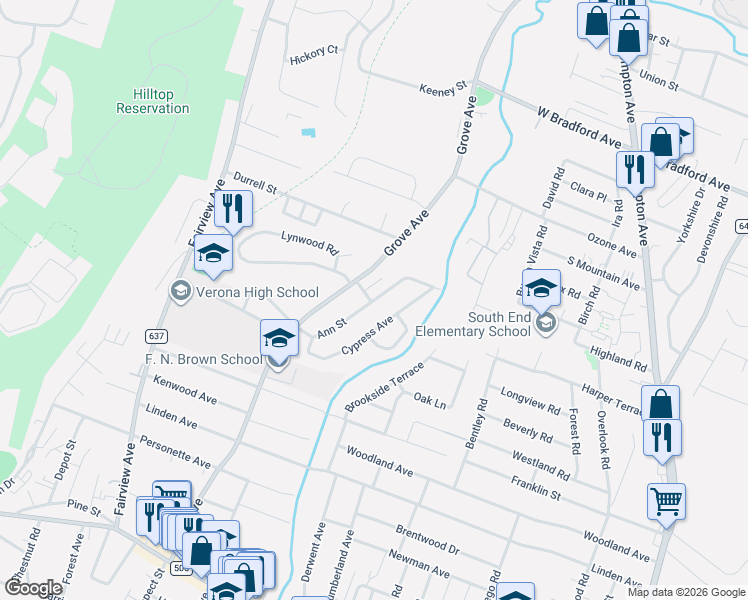 map of restaurants, bars, coffee shops, grocery stores, and more near 26 Ann Street in Verona