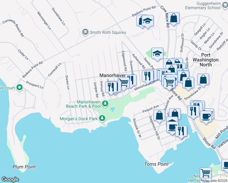 map of restaurants, bars, coffee shops, grocery stores, and more near 20 Graywood Road in Port Washington