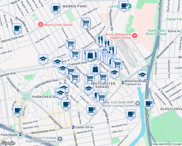 map of restaurants, bars, coffee shops, grocery stores, and more near 2522 Maclay Avenue in Bronx
