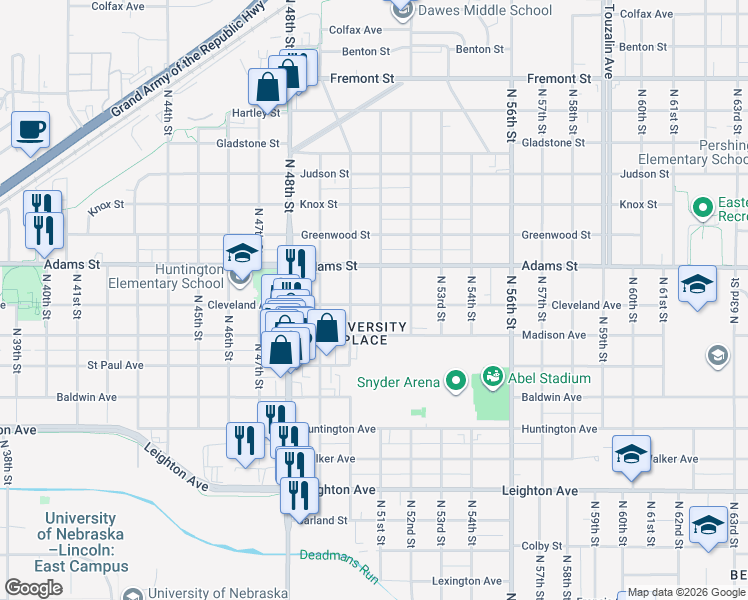 map of restaurants, bars, coffee shops, grocery stores, and more near 2932 North 51st Street in Lincoln