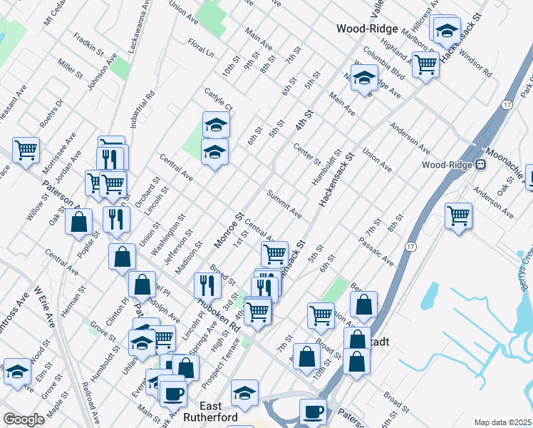map of restaurants, bars, coffee shops, grocery stores, and more near 549 Monroe Street in Carlstadt