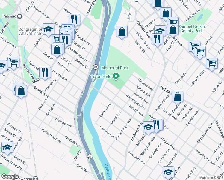map of restaurants, bars, coffee shops, grocery stores, and more near 459 Washington Avenue in Rutherford