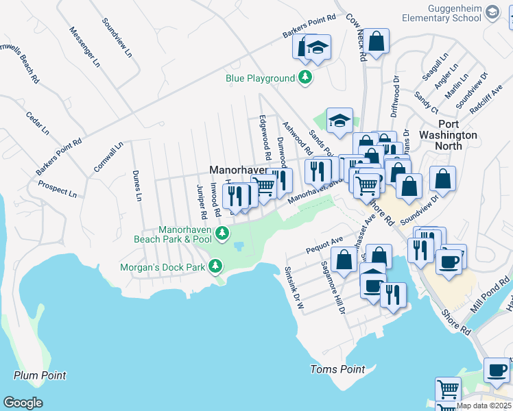 map of restaurants, bars, coffee shops, grocery stores, and more near 7 Firwood Road in Port Washington
