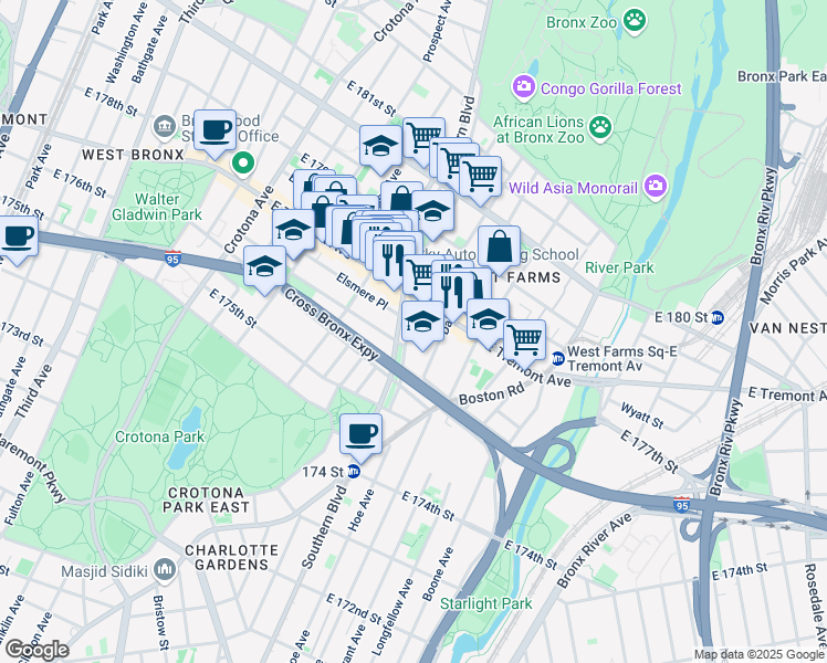 map of restaurants, bars, coffee shops, grocery stores, and more near 1926 Crotona Parkway in Bronx