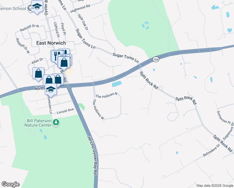 map of restaurants, bars, coffee shops, grocery stores, and more near 34 North Hollow Court in East Norwich