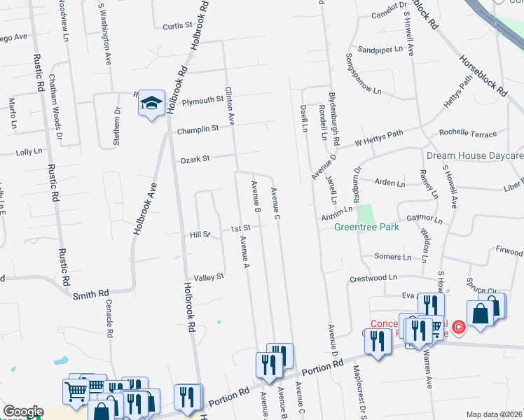 map of restaurants, bars, coffee shops, grocery stores, and more near 345 Avenue B in Ronkonkoma