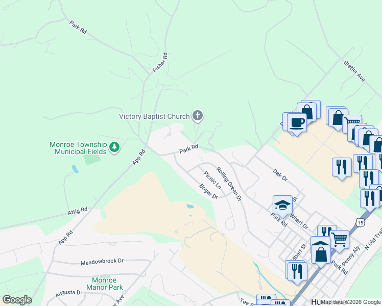 map of restaurants, bars, coffee shops, grocery stores, and more near 5921 Park Road in Selinsgrove