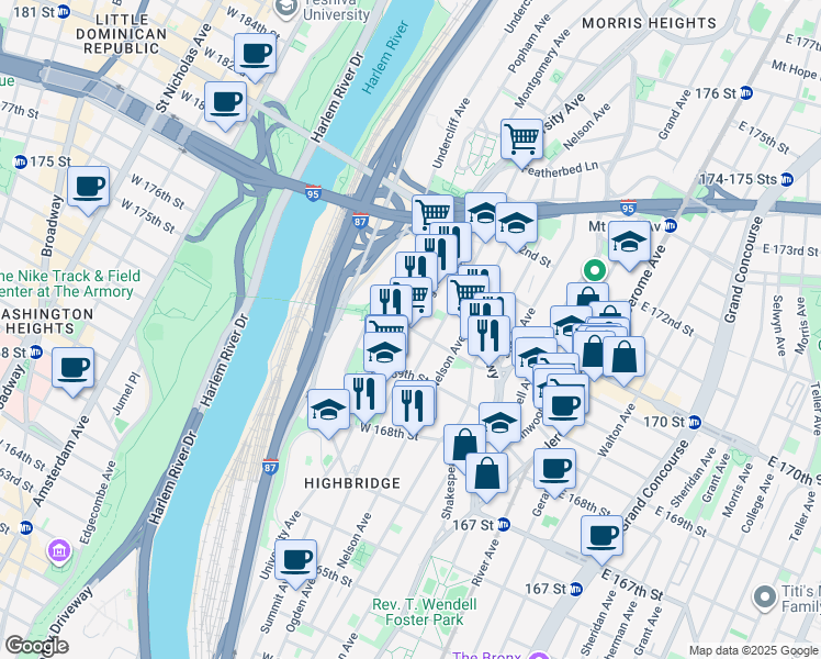 map of restaurants, bars, coffee shops, grocery stores, and more near W 170th St & Ogden Ave in Bronx