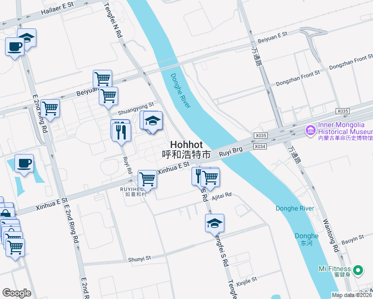 map of restaurants, bars, coffee shops, grocery stores, and more near in Hohhot