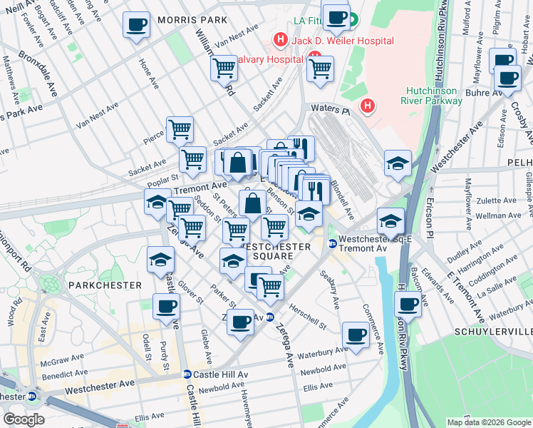 map of restaurants, bars, coffee shops, grocery stores, and more near in The Bronx