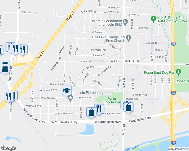 map of restaurants, bars, coffee shops, grocery stores, and more near 442 Blue Flame Road in Lincoln