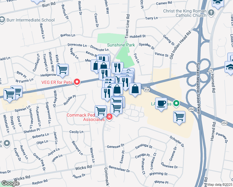 map of restaurants, bars, coffee shops, grocery stores, and more near 6500 Jericho Turnpike in Commack