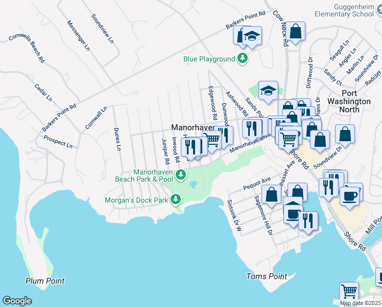 map of restaurants, bars, coffee shops, grocery stores, and more near 20 Graywood Road in Port Washington