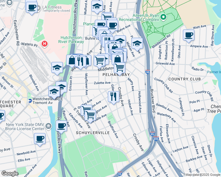 map of restaurants, bars, coffee shops, grocery stores, and more near 2936 Zulette Avenue in The Bronx