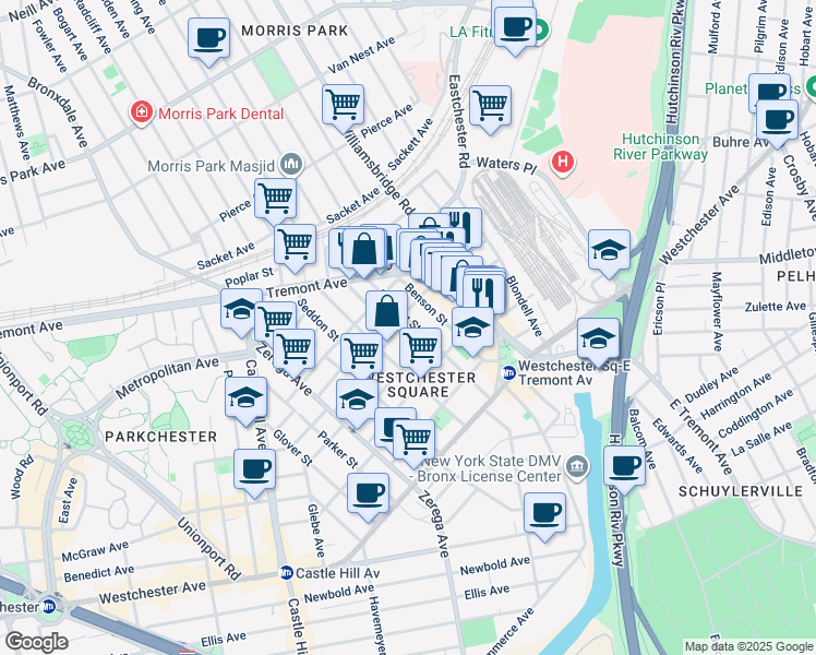 map of restaurants, bars, coffee shops, grocery stores, and more near in The Bronx