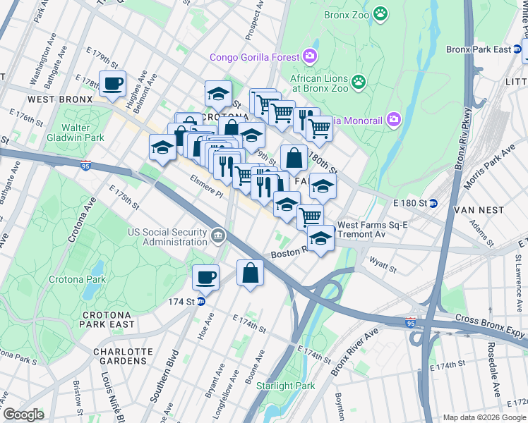 map of restaurants, bars, coffee shops, grocery stores, and more near 919 East Tremont Avenue in Bronx