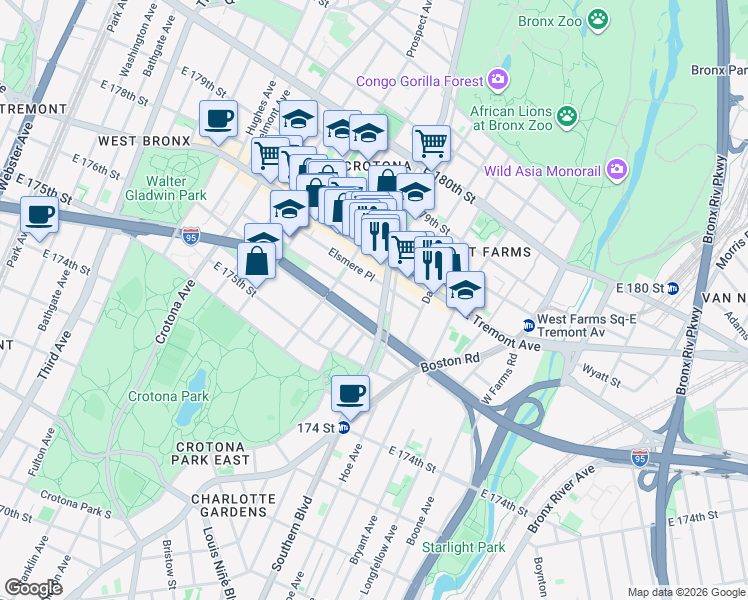 map of restaurants, bars, coffee shops, grocery stores, and more near 867 Fairmount Place in The Bronx