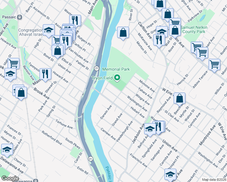 map of restaurants, bars, coffee shops, grocery stores, and more near 459 Washington Avenue in Rutherford