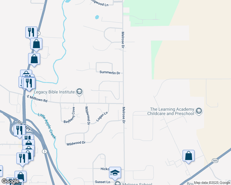 map of restaurants, bars, coffee shops, grocery stores, and more near 3574 Melrose Drive in Wooster
