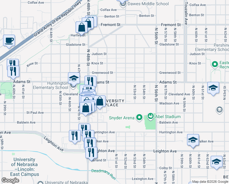 map of restaurants, bars, coffee shops, grocery stores, and more near 2932 North 51st Street in Lincoln